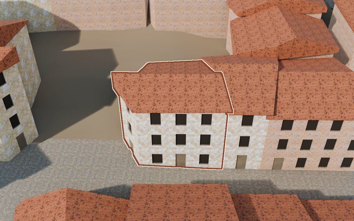Manzana 26, n.º 28 a la reconstrucció 3D, vista des del seu carrer, amb el contorn marcat de color teula entre les cases del voltant