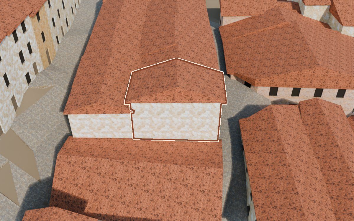 Manzana 40, n.º 13 a la reconstrucció 3D, vista des del seu carrer, amb el contorn marcat de color teula entre les cases del voltant