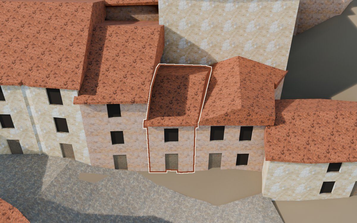 Manzana 33, n.º 25 a la reconstrucció 3D, vista des del seu carrer, amb el contorn marcat de color teula entre les cases del voltant