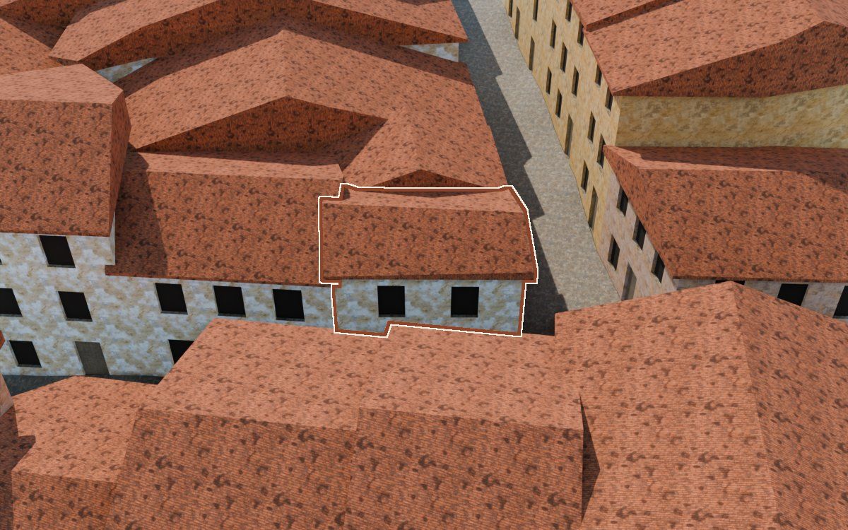Manzana 30, n.º 18 a la reconstrucció 3D, vista des del seu carrer, amb el contorn marcat de color teula entre les cases del voltant