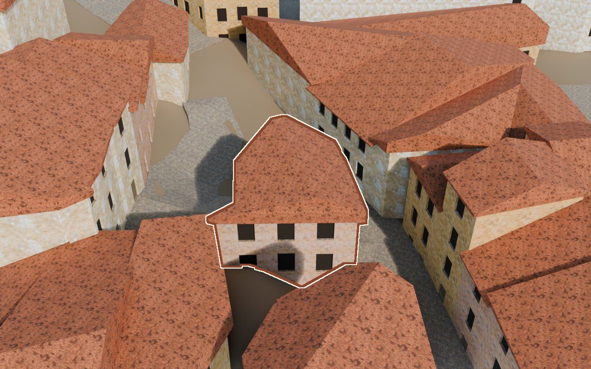 Manzana 33, n.º 3 y 22 a la reconstrucció 3D, vista des del seu carrer, amb el contorn marcat de color teula entre les cases del voltant