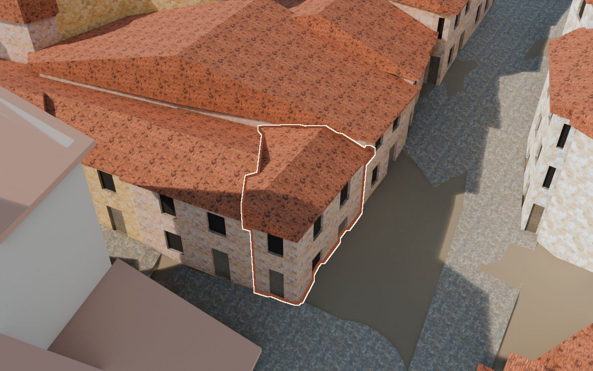 Manzana 31, n.º 1 a la reconstrucció 3D, vista des del costat on millor es veu, amb el contorn marcat de color teula entre les cases del voltant