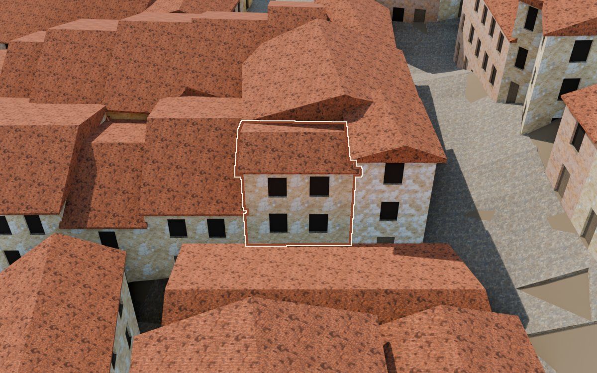 Manzana 32, n.º 17 a la reconstrucció 3D, vista des del seu carrer, amb el contorn marcat de color teula entre les cases del voltant