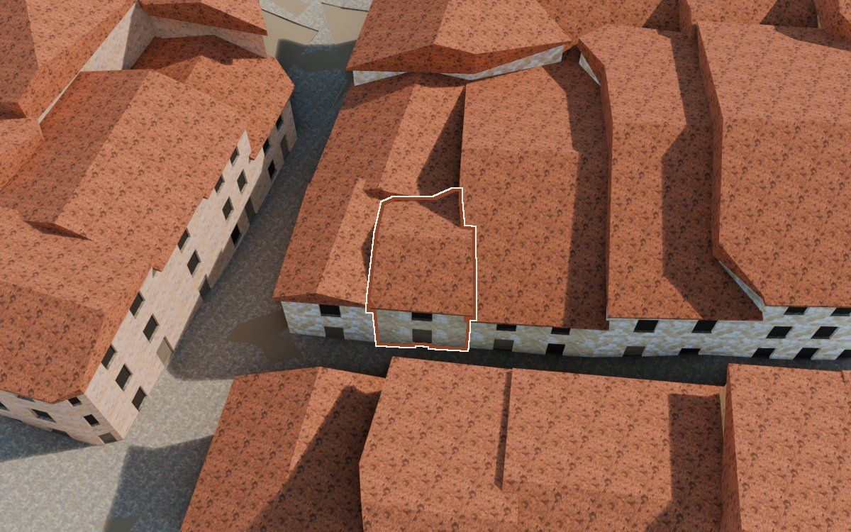 Manzana 30, n.º 17 a la reconstrucció 3D, vista des del costat on millor es veu, amb el contorn marcat de color teula entre les cases del voltant