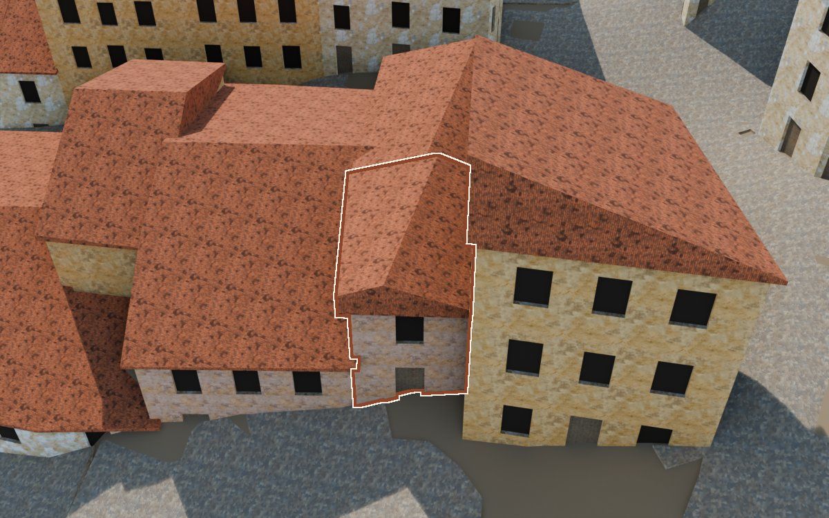 Manzana 29, n.º 3 a la reconstrucció 3D, vista des del costat on millor es veu, amb el contorn marcat de color teula entre les cases del voltant