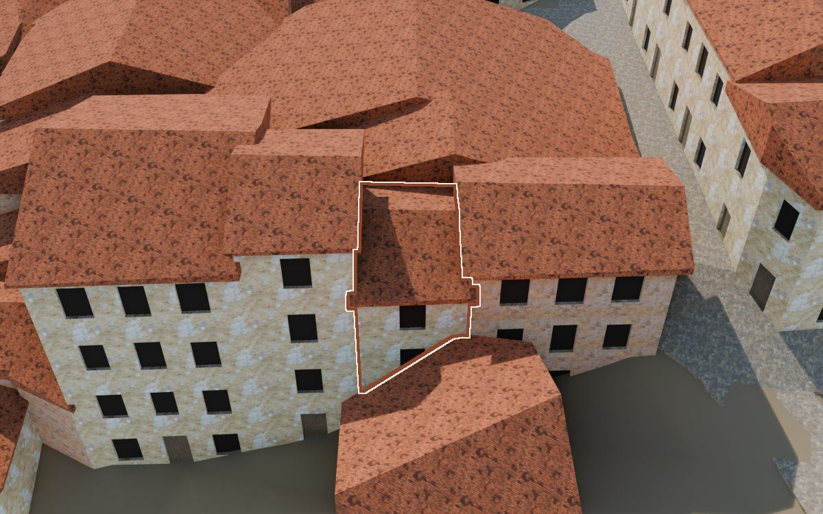 Manzana 33, n.º 7 a la reconstrucció 3D, vista des del costat on millor es veu, amb el contorn marcat de color teula entre les cases del voltant