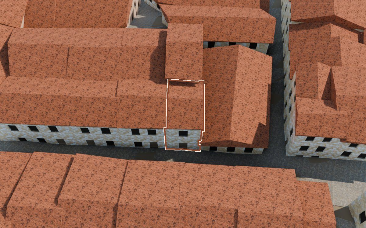 Manzana 40, n.º 1 a la reconstrucció 3D, vista des del costat on millor es veu, amb el contorn marcat de color teula entre les cases del voltant