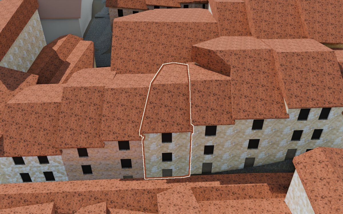 Manzana 32, n.º 24 a la reconstrucció 3D, vista des del costat on millor es veu, amb el contorn marcat de color teula entre les cases del voltant