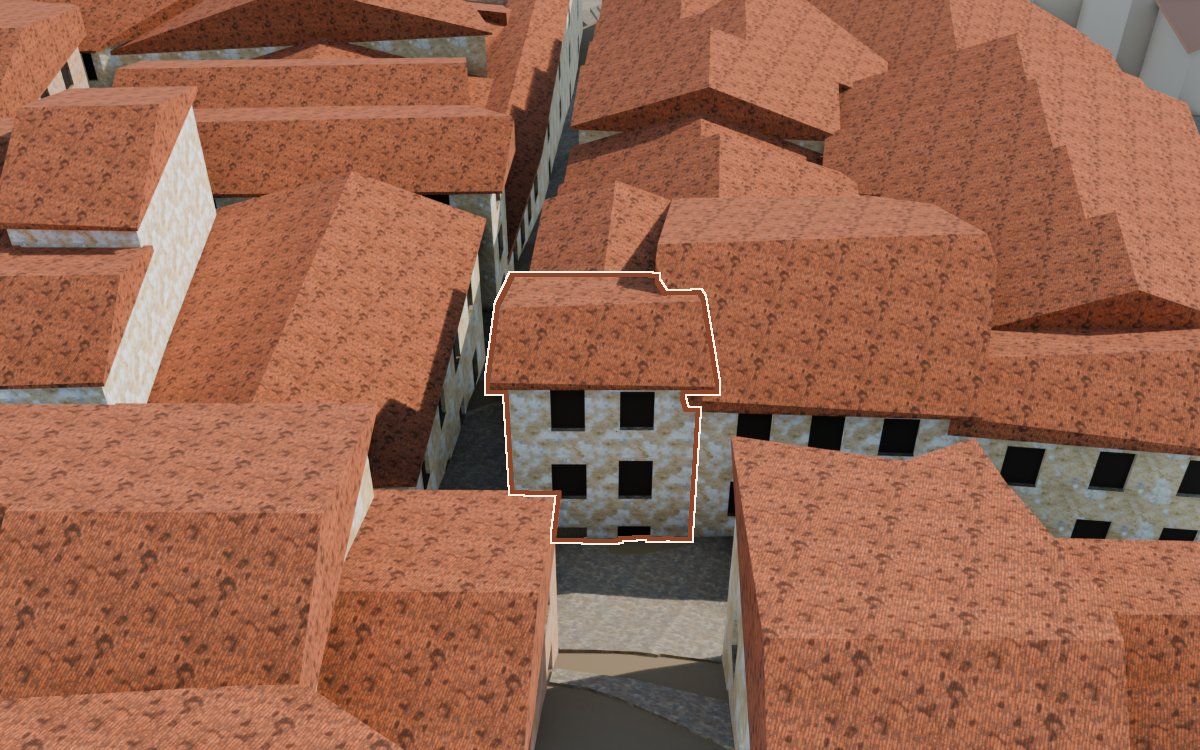 Manzana 32, n.º 16 a la reconstrucció 3D, vista des del seu carrer, amb el contorn marcat de color teula entre les cases del voltant