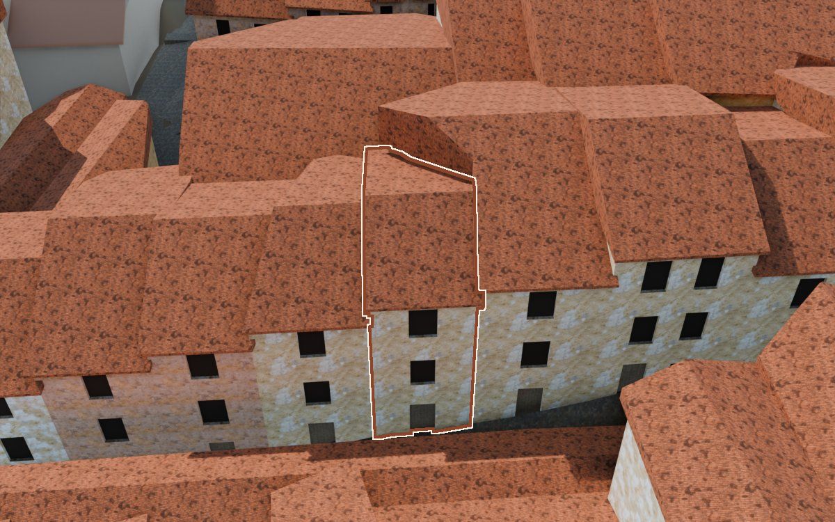 Manzana 32, n.º 23 a la reconstrucció 3D, vista des del costat on millor es veu, amb el contorn marcat de color teula entre les cases del voltant