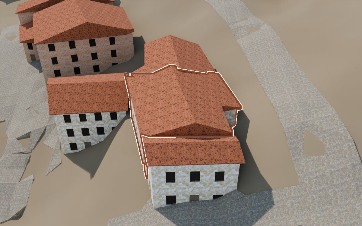 Manzana 67, n.º 3 a la reconstrucció 3D, vista des del seu carrer, amb el contorn marcat de color teula entre les cases del voltant
