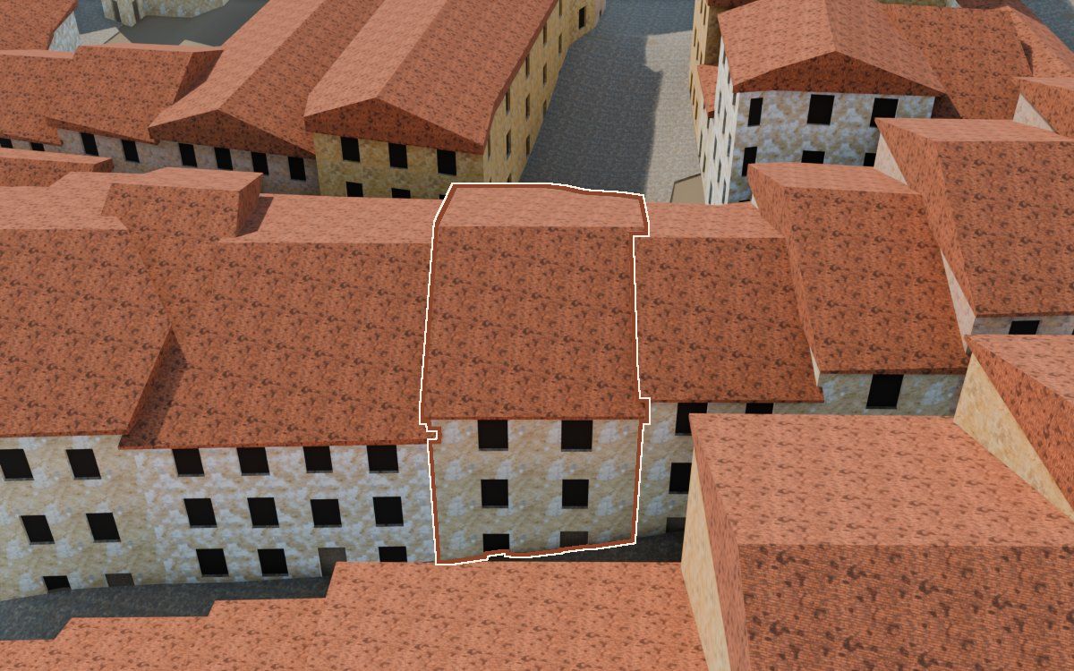 Manzana 27, n.º 9 a la reconstrucció 3D, vista des del seu carrer, amb el contorn marcat de color teula entre les cases del voltant