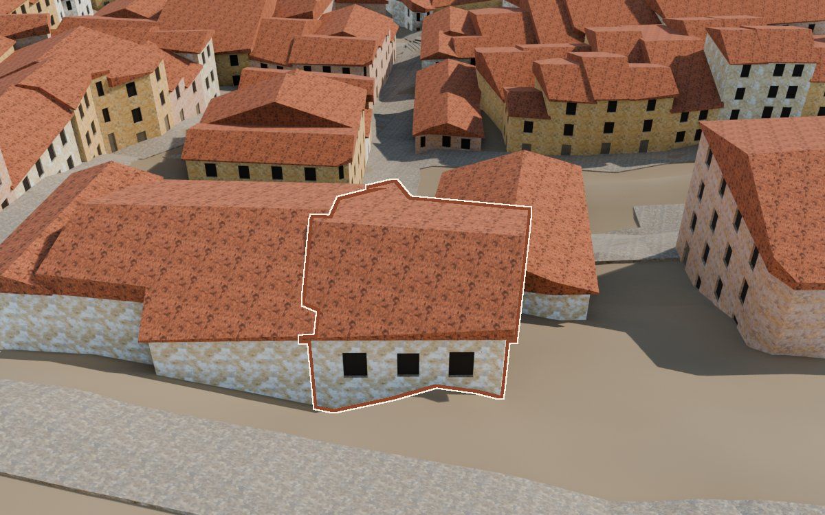 Manzana 67, n.º 4 a la reconstrucció 3D, vista des del seu carrer, amb el contorn marcat de color teula entre les cases del voltant