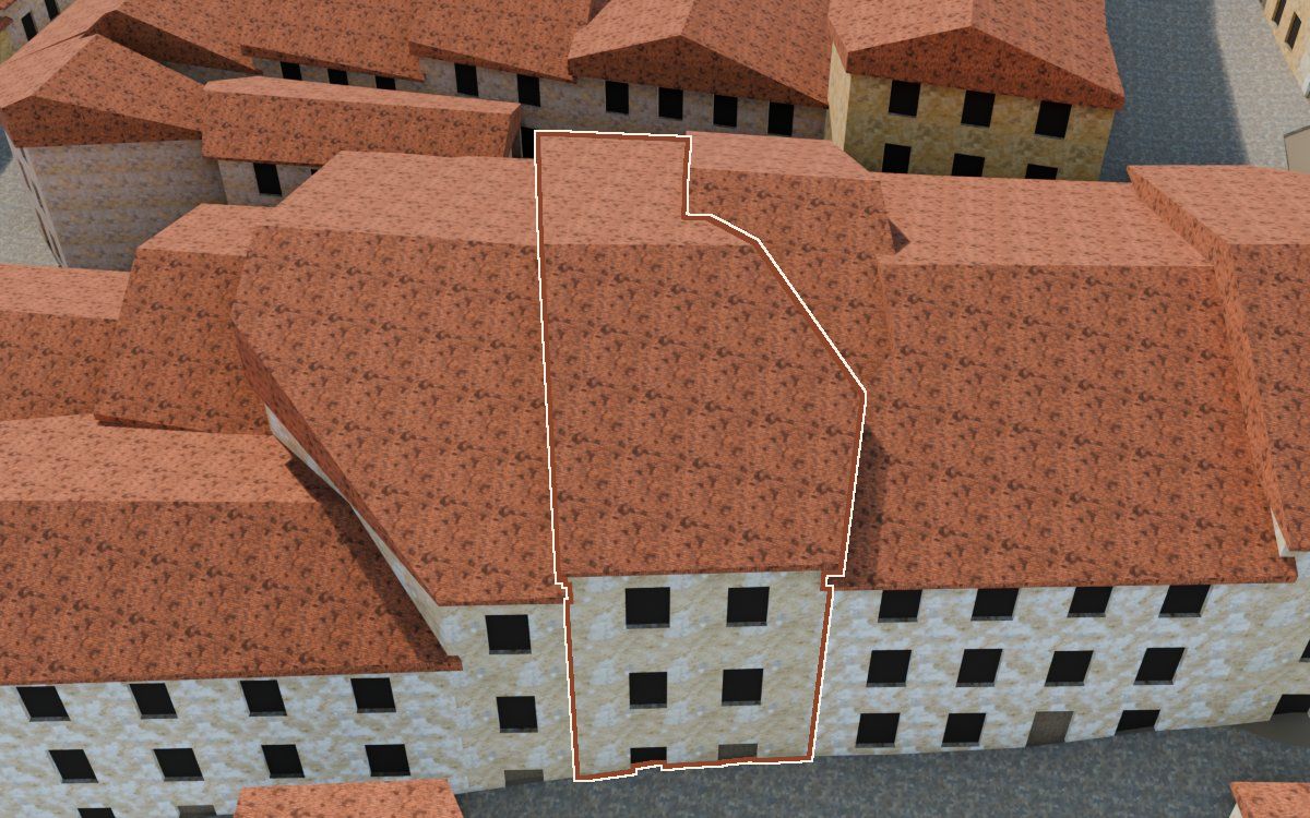 Manzana 27, n.º 3 a la reconstrucció 3D, vista des del costat on millor es veu, amb el contorn marcat de color teula entre les cases del voltant