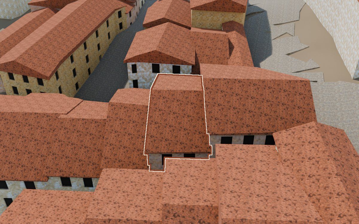 Manzana 27, n.º 6 a la reconstrucció 3D, vista des del seu carrer, amb el contorn marcat de color teula entre les cases del voltant