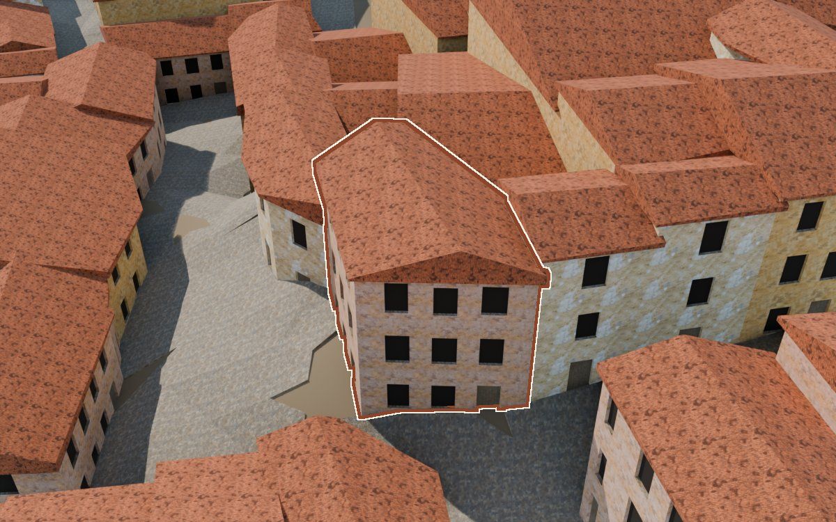 Manzana 41, n.º 7 a la reconstrucció 3D, vista des del seu carrer, amb el contorn marcat de color teula entre les cases del voltant
