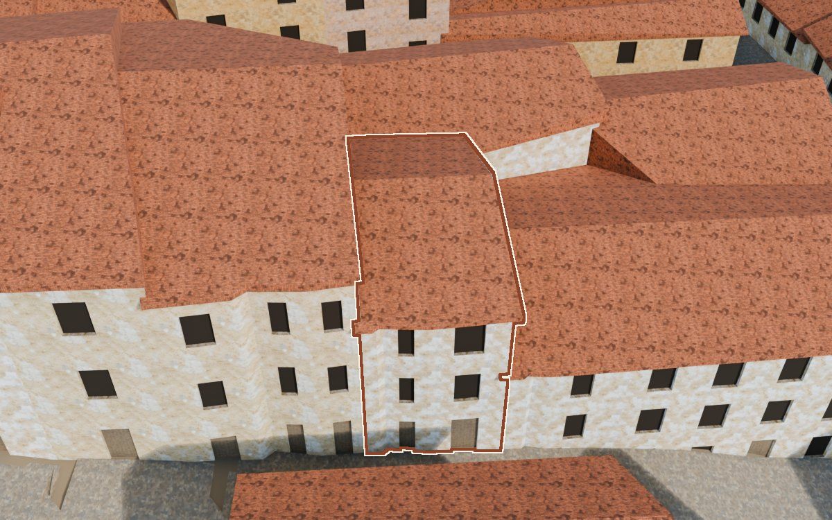 Manzana 27, n.º 14 a la reconstrucció 3D, vista des del costat on millor es veu, amb el contorn marcat de color teula entre les cases del voltant
