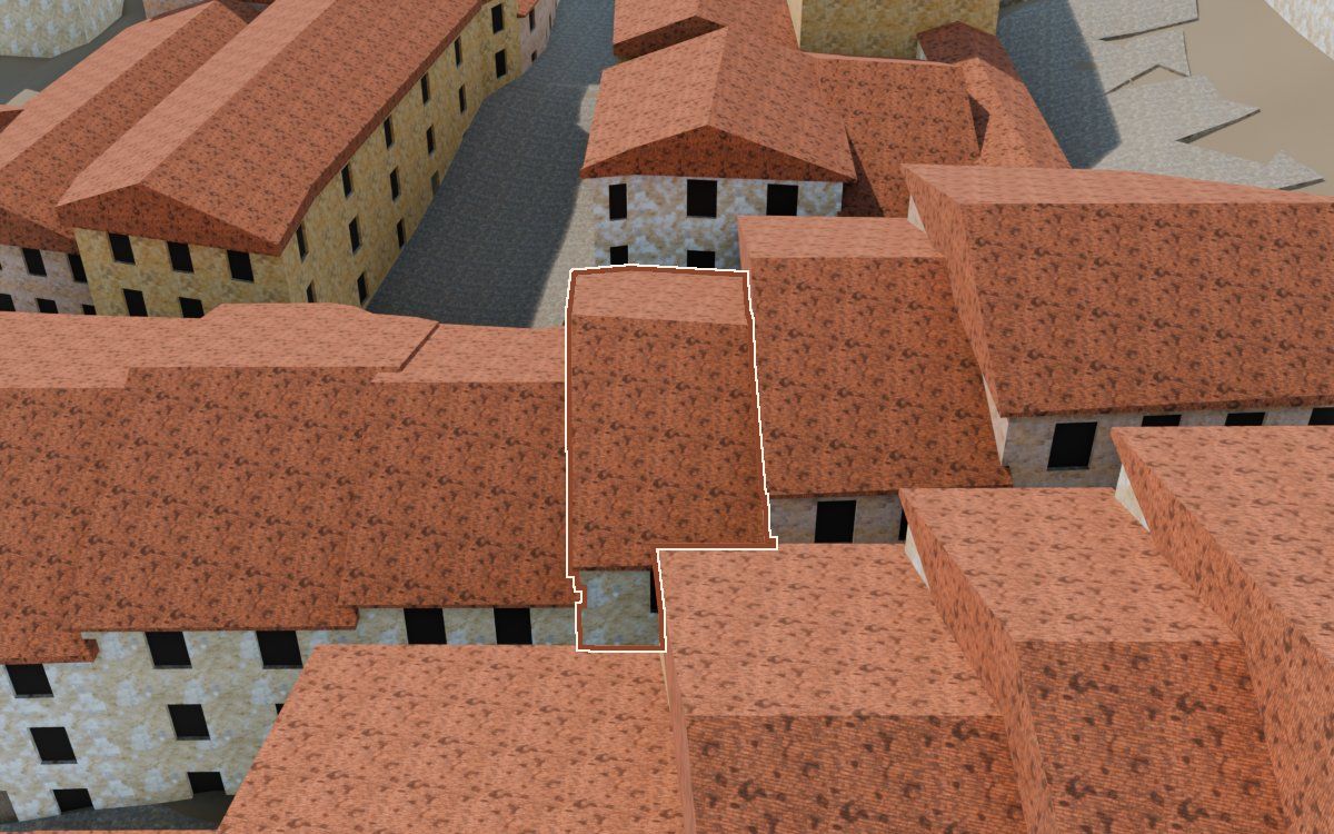 Manzana 27, n.º 7 a la reconstrucció 3D, vista des del seu carrer, amb el contorn marcat de color teula entre les cases del voltant