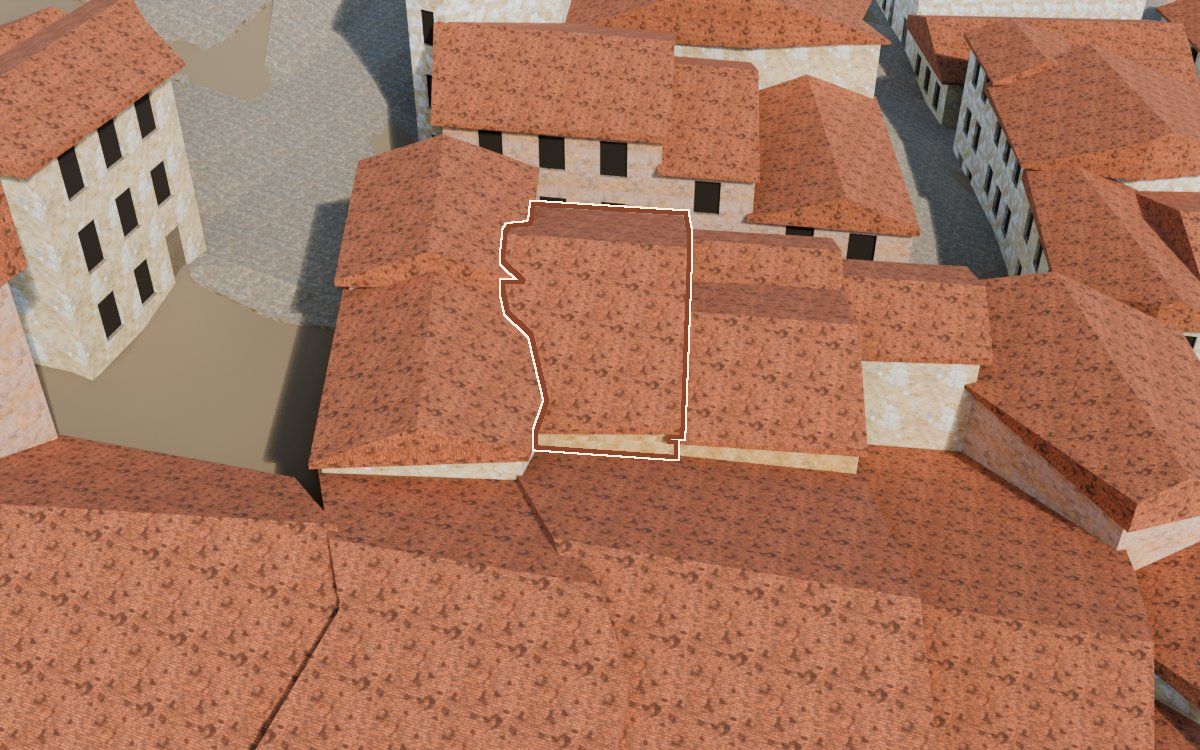 Manzana 41, n.º 2 a la reconstrucció 3D, vista des del seu carrer, amb el contorn marcat de color teula entre les cases del voltant