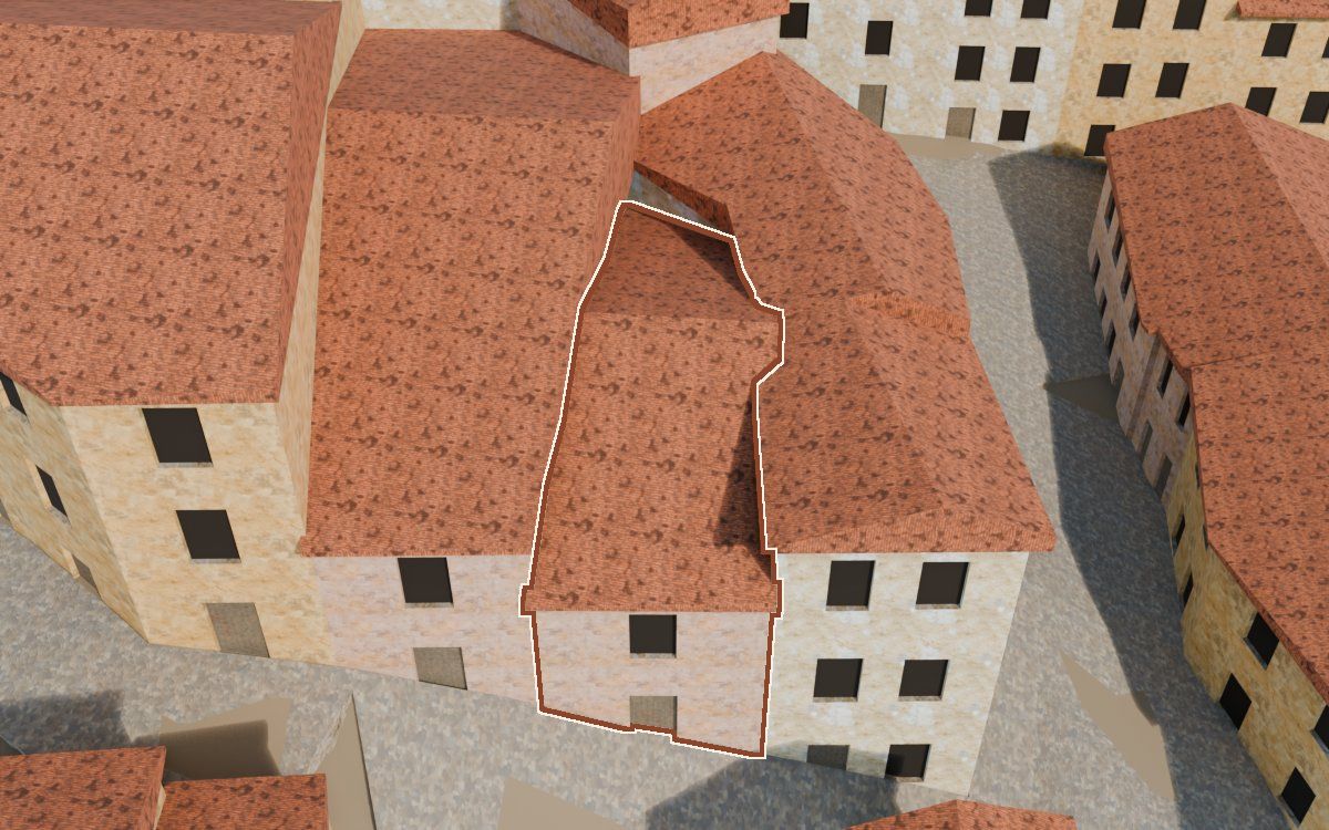 Manzana 41, n.º 13 a la reconstrucció 3D, vista des del costat on millor es veu, amb el contorn marcat de color teula entre les cases del voltant