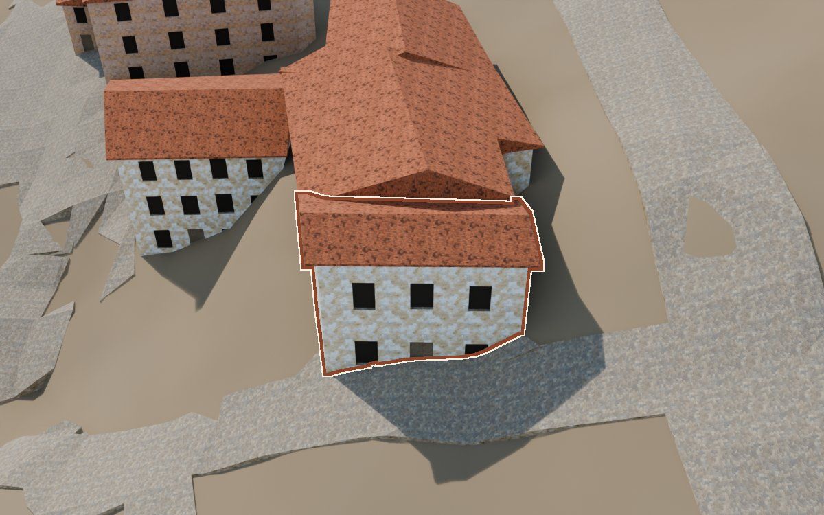 Manzana 67, n.º 2 a la reconstrucció 3D, vista des del seu carrer, amb el contorn marcat de color teula entre les cases del voltant
