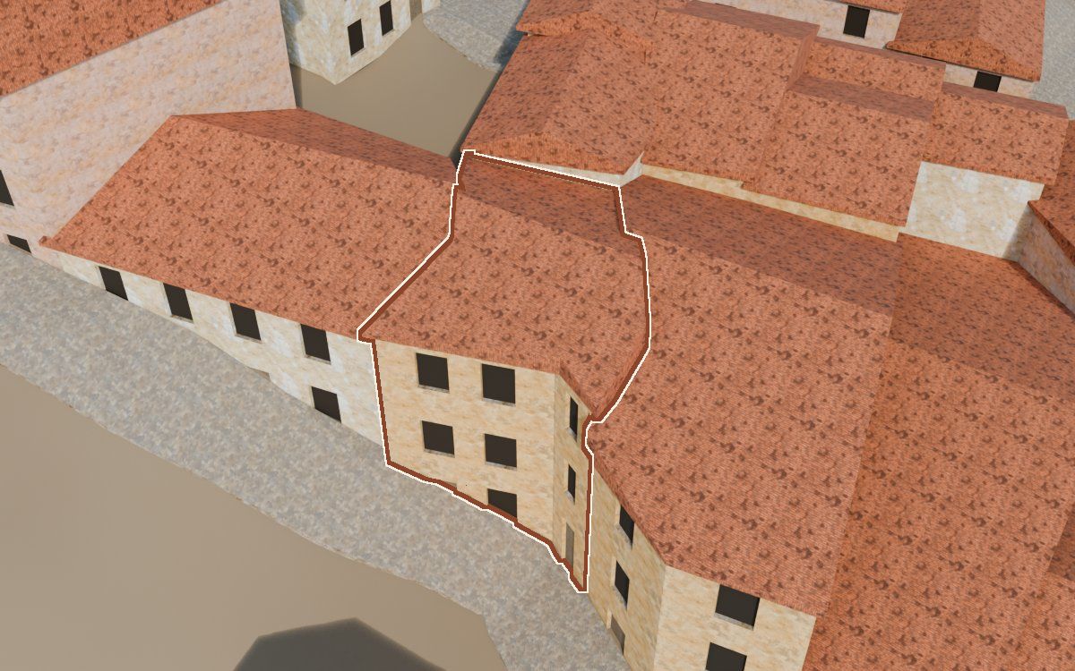 Manzana 41, n.º 17 a la reconstrucció 3D, vista des del costat on millor es veu, amb el contorn marcat de color teula entre les cases del voltant