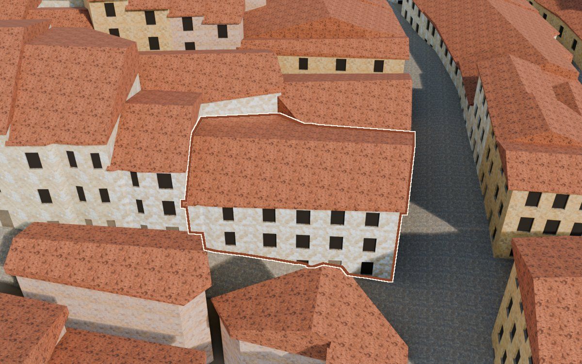 Manzana 27, n.º 17 y 15 a la reconstrucció 3D, vista des del seu carrer, amb el contorn marcat de color teula entre les cases del voltant