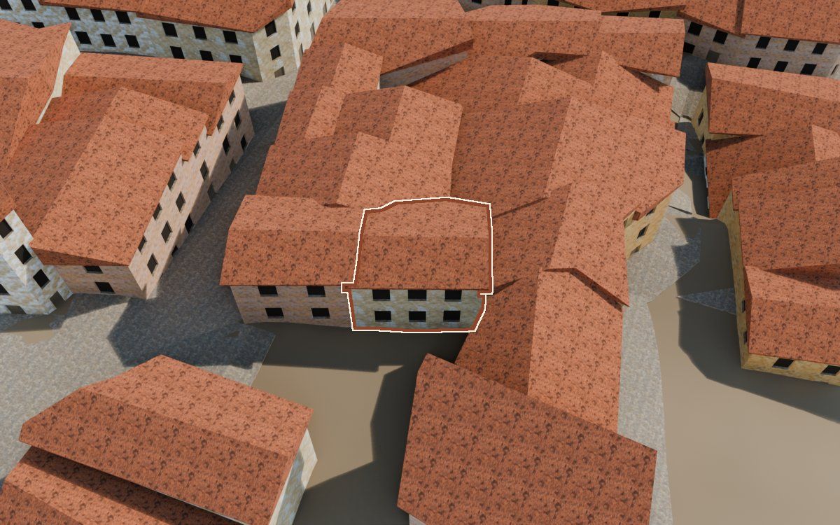 Manzana 41, n.º 18 a la reconstrucció 3D, vista des del costat on millor es veu, amb el contorn marcat de color teula entre les cases del voltant