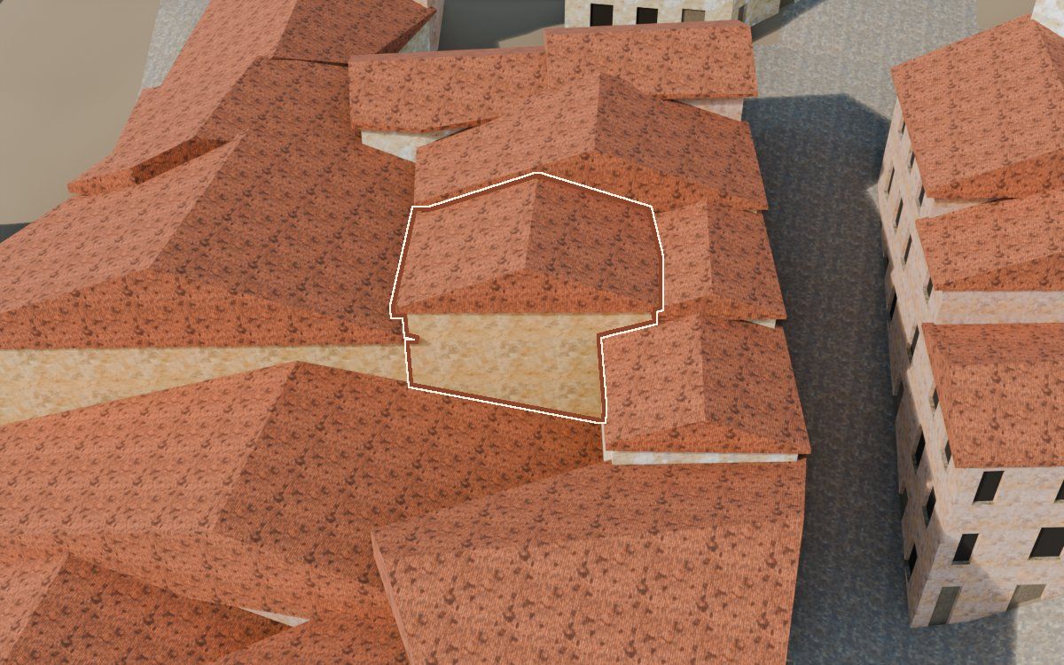 Manzana 41, n.º 4 a la reconstrucció 3D, vista des del seu carrer, amb el contorn marcat de color teula entre les cases del voltant