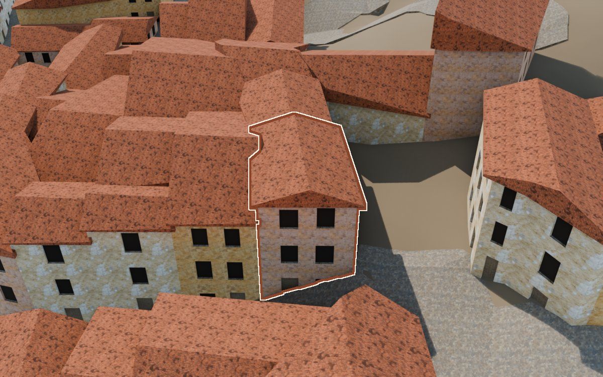 Manzana 41, n.º 1 a la reconstrucció 3D, vista des del seu carrer, amb el contorn marcat de color teula entre les cases del voltant