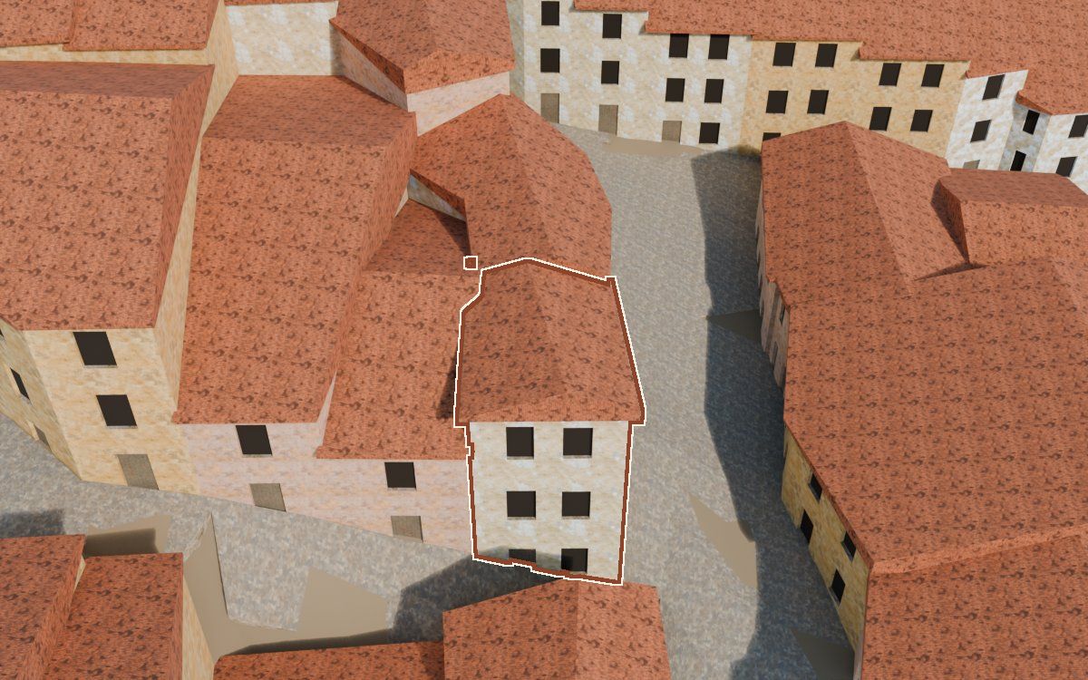 Manzana 41, n.º 12 a la reconstrucció 3D, vista des del costat on millor es veu, amb el contorn marcat de color teula entre les cases del voltant
