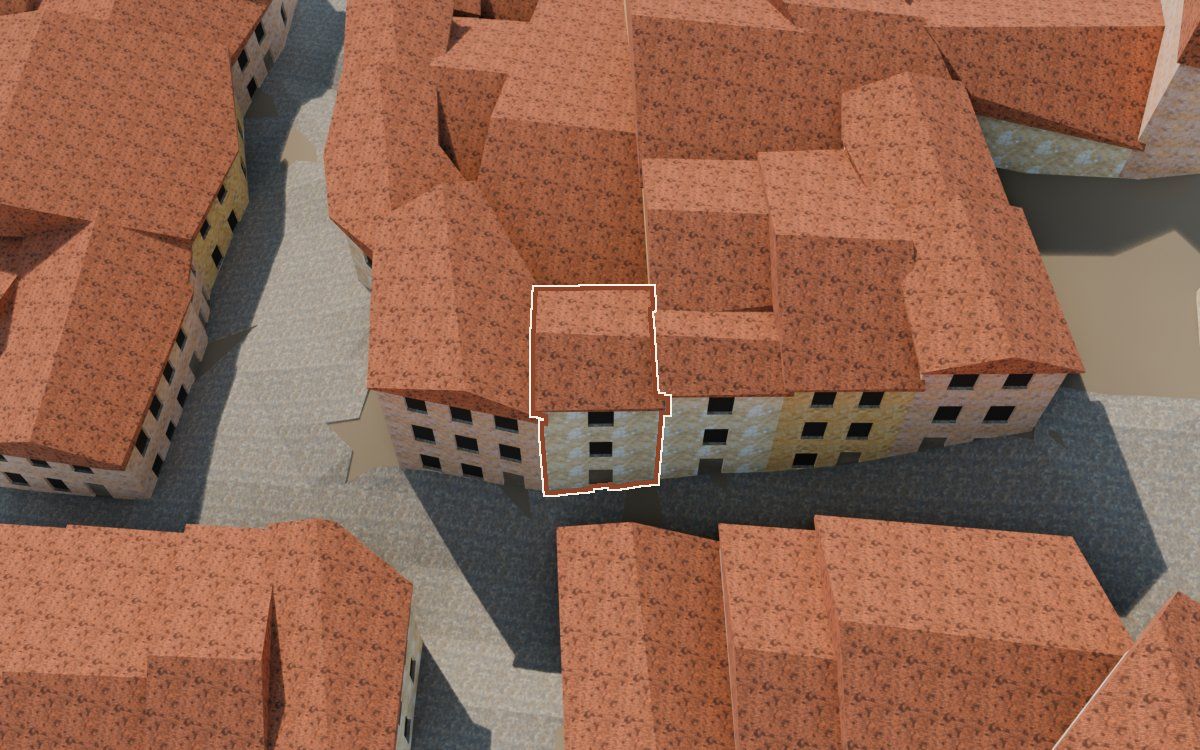 Manzana 41, n.º 5 a la reconstrucció 3D, vista des del costat on millor es veu, amb el contorn marcat de color teula entre les cases del voltant