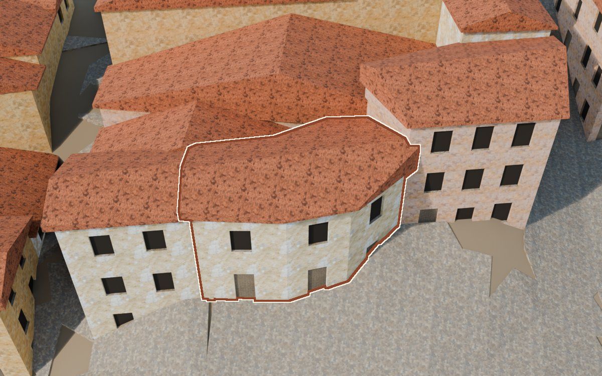 Manzana 41, n.º 11 a la reconstrucció 3D, vista des del costat on millor es veu, amb el contorn marcat de color teula entre les cases del voltant