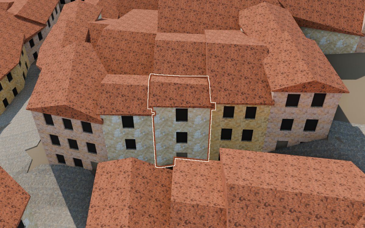 Manzana 41, n.º 3 a la reconstrucció 3D, vista des del costat on millor es veu, amb el contorn marcat de color teula entre les cases del voltant
