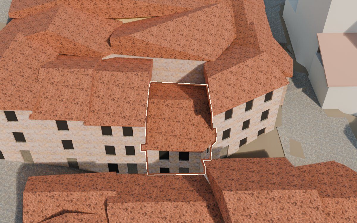 Manzana 31, junto al n.º 9 a la reconstrucció 3D, vista des del costat on millor es veu, amb el contorn marcat de color teula entre les cases del voltant