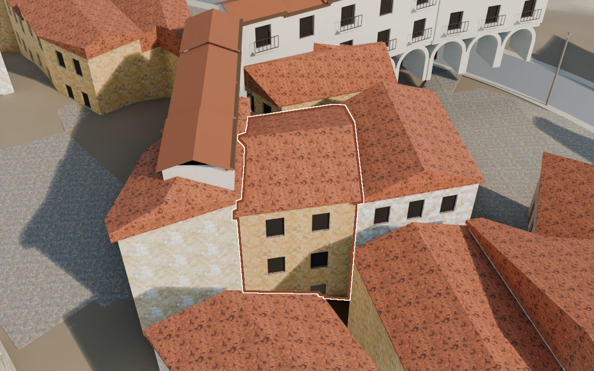 Casa del Carrer Faió a la reconstrucció 3D, vista des del costat on millor es veu, amb el contorn marcat de color teula entre les cases del voltant