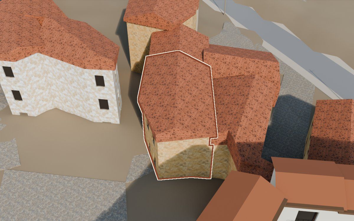 Casa del Carrer del Rosari a la reconstrucció 3D, vista des del costat on millor es veu, amb el contorn marcat de color teula entre les cases del voltant