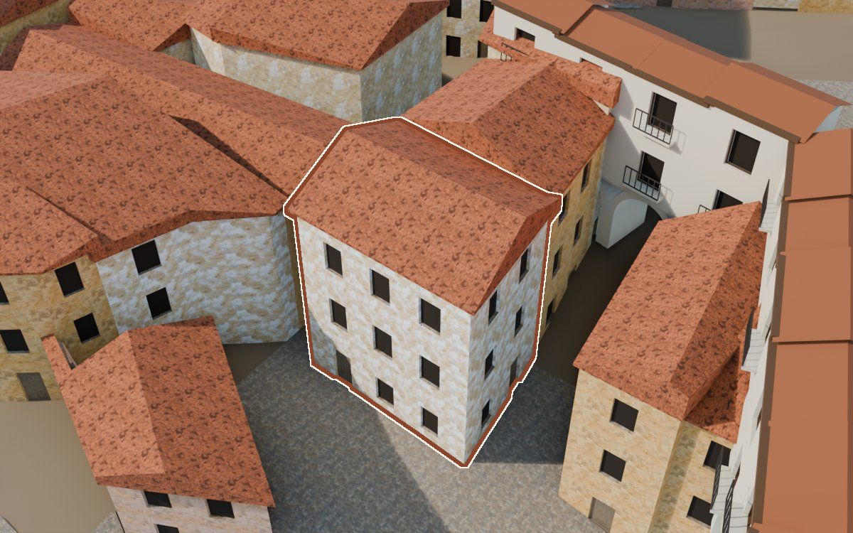 Casa del Carrer Faió a la reconstrucció 3D, vista des del costat on millor es veu, amb el contorn marcat de color teula entre les cases del voltant
