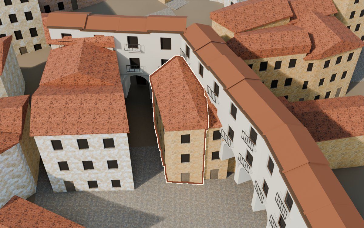 Casa del Carrer Faió a la reconstrucció 3D, vista des del costat on millor es veu, amb el contorn marcat de color teula entre les cases del voltant