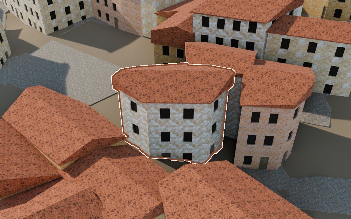 Casa del Carrer Oliver a la reconstrucció 3D, vista des del seu carrer, amb el contorn marcat de color teula entre les cases del voltant