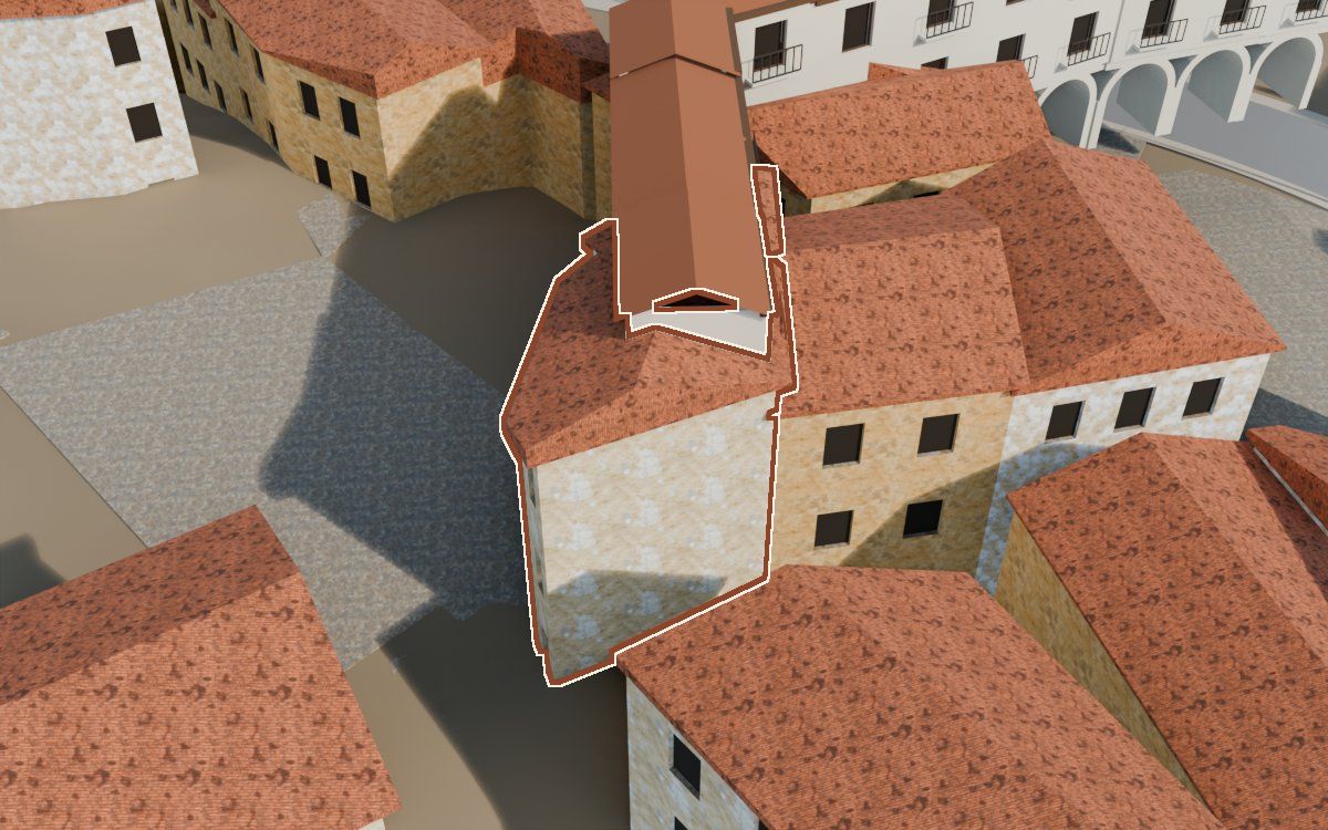 Casa del Carrer Major a la reconstrucció 3D, vista des del costat on millor es veu, amb el contorn marcat de color teula entre les cases del voltant
