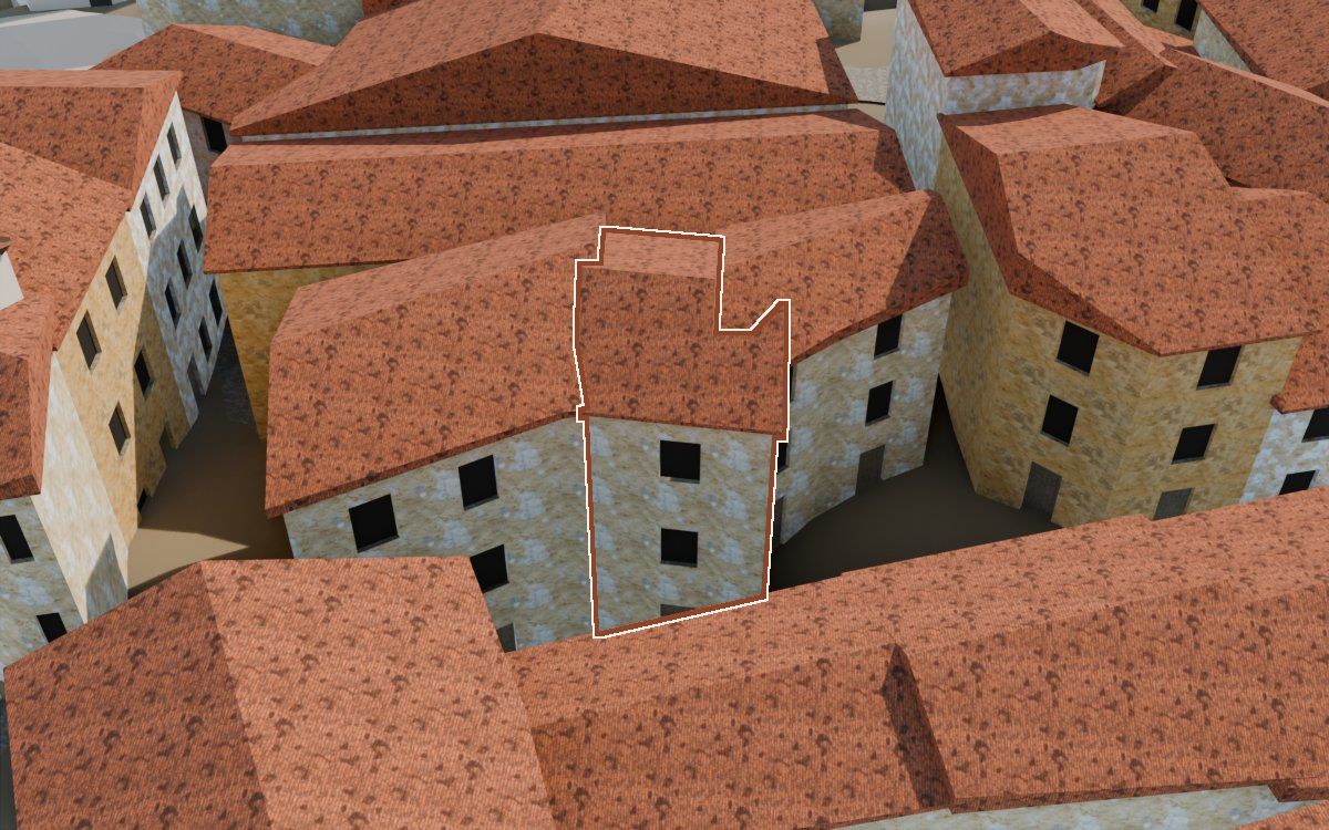 Casa del Carrer Major a la reconstrucció 3D, vista des del costat on millor es veu, amb el contorn marcat de color teula entre les cases del voltant