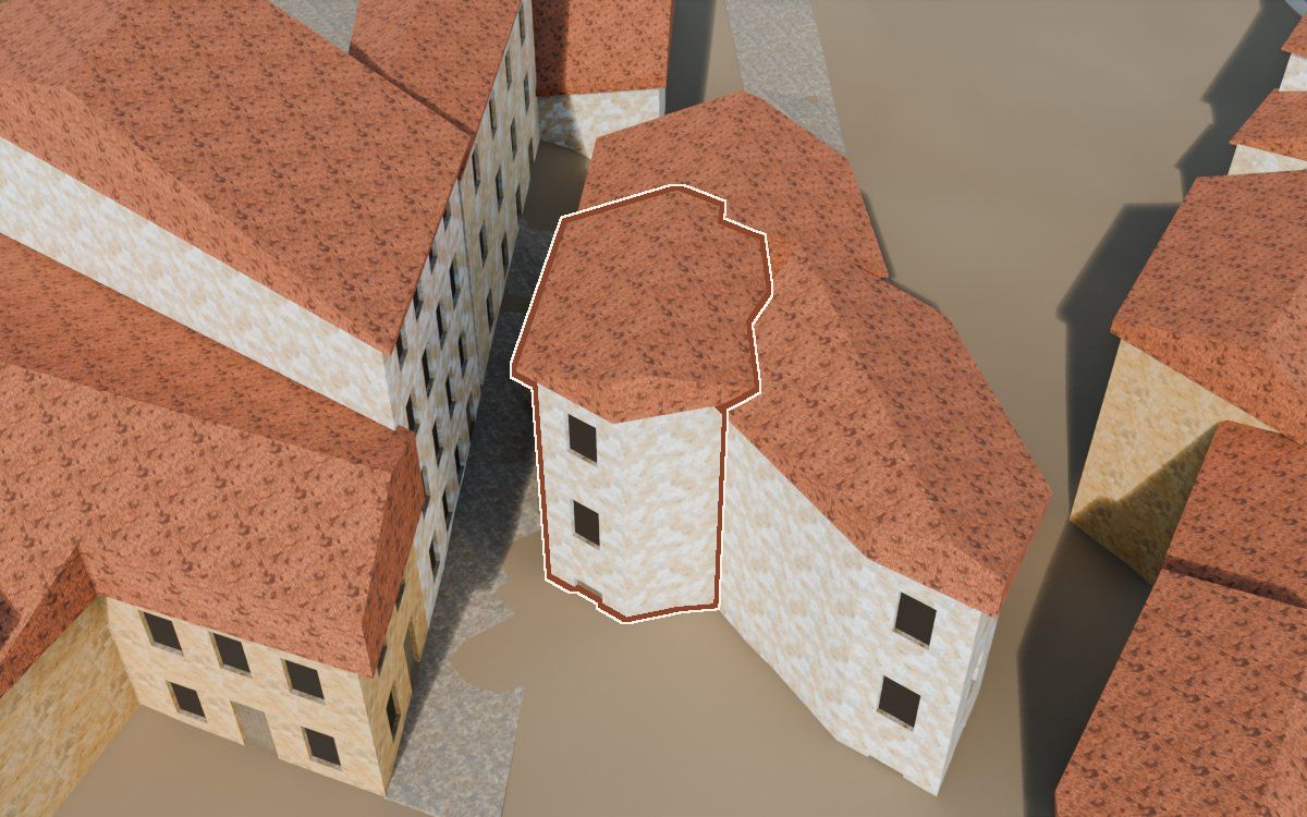 Casa del Carrer de la Puríssima a la reconstrucció 3D, vista des del costat on millor es veu, amb el contorn marcat de color teula entre les cases del voltant