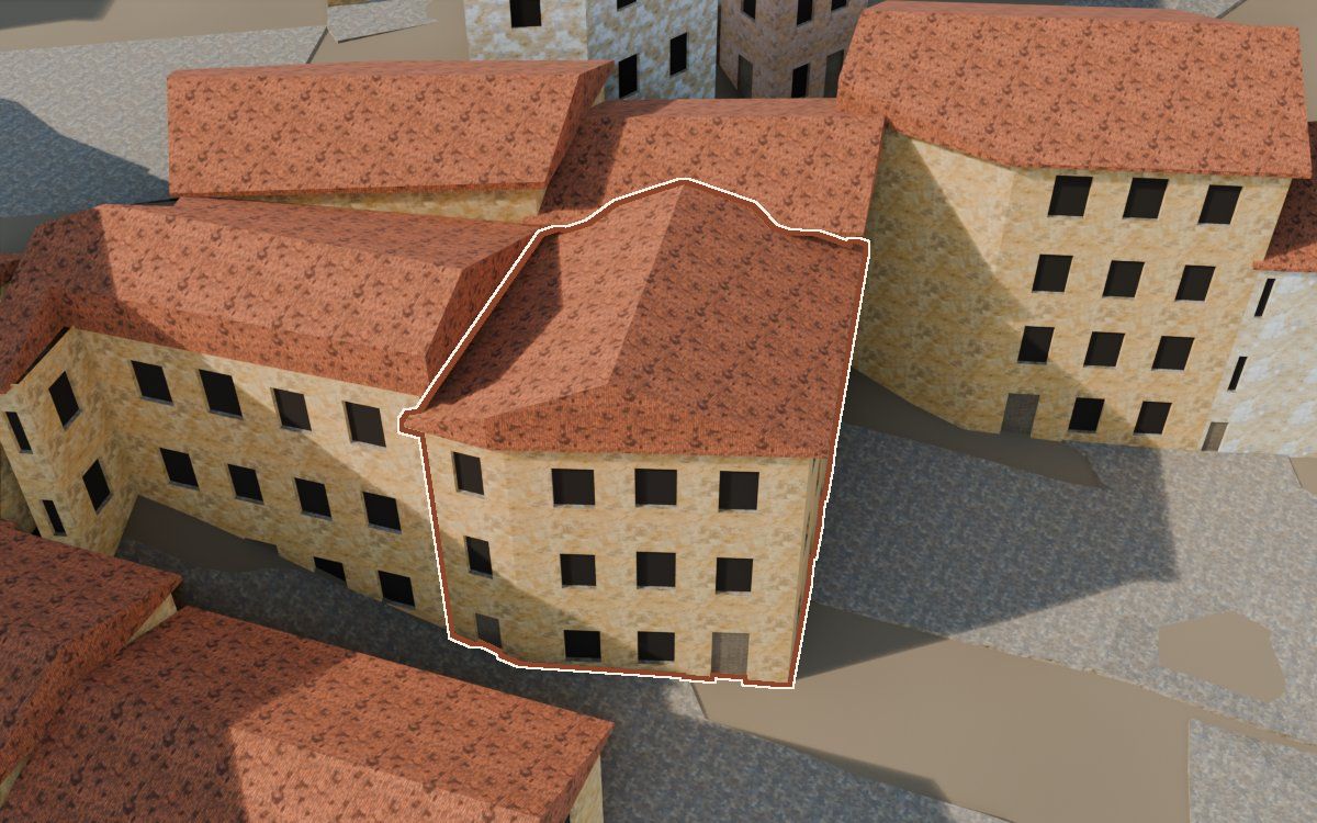 Casa del Carrer Barrinol a la reconstrucció 3D, vista des del costat on millor es veu, amb el contorn marcat de color teula entre les cases del voltant
