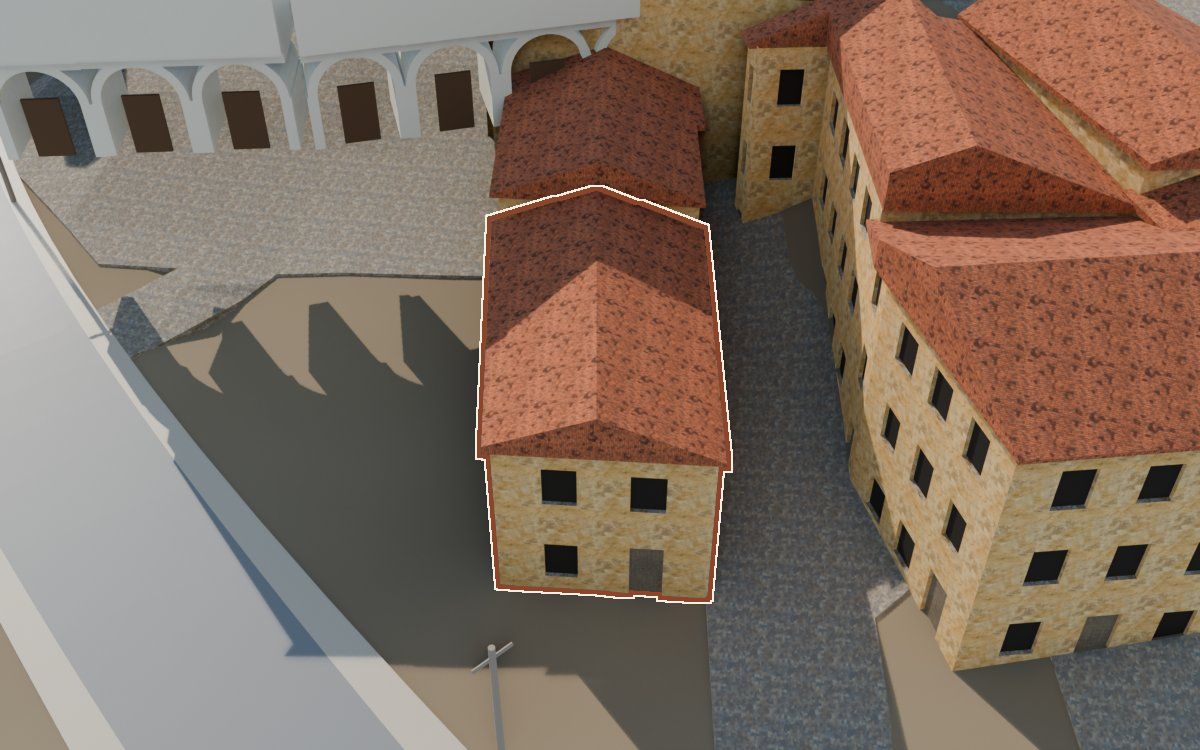 Casa del Carrer Barrinol (Calle Barrinol) en la reconstrucción 3D, vista desde el lado en que mejor se ve, con su contorno marcado en teja entre las casas de alrededor