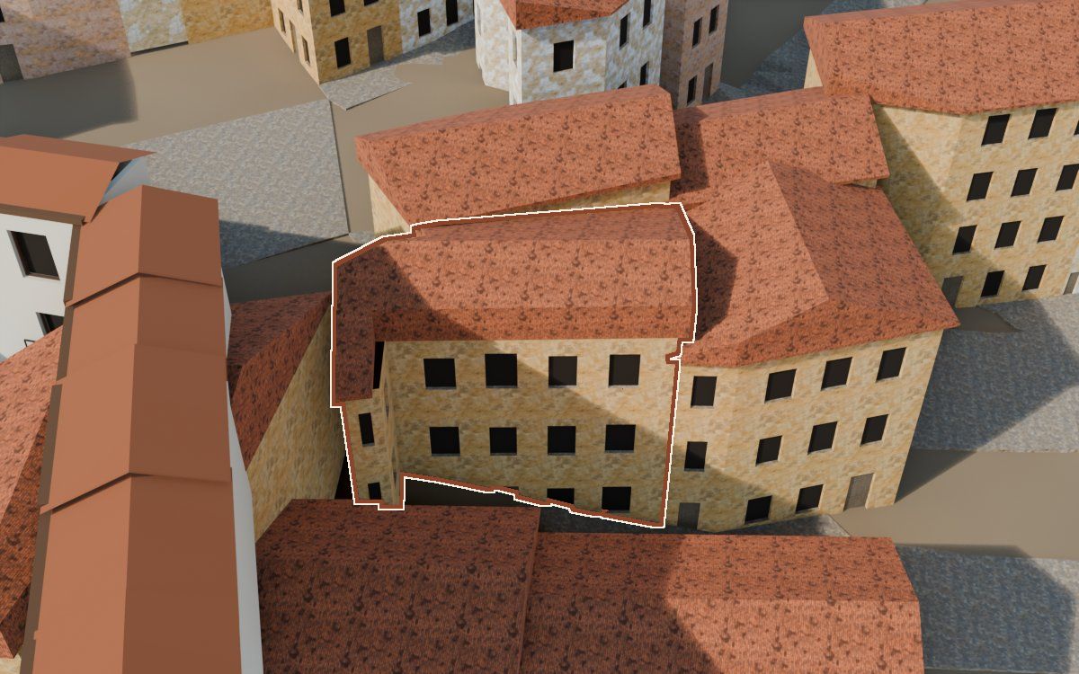 Casa del Carrer Barrinol a la reconstrucció 3D, vista des del seu carrer, amb el contorn marcat de color teula entre les cases del voltant