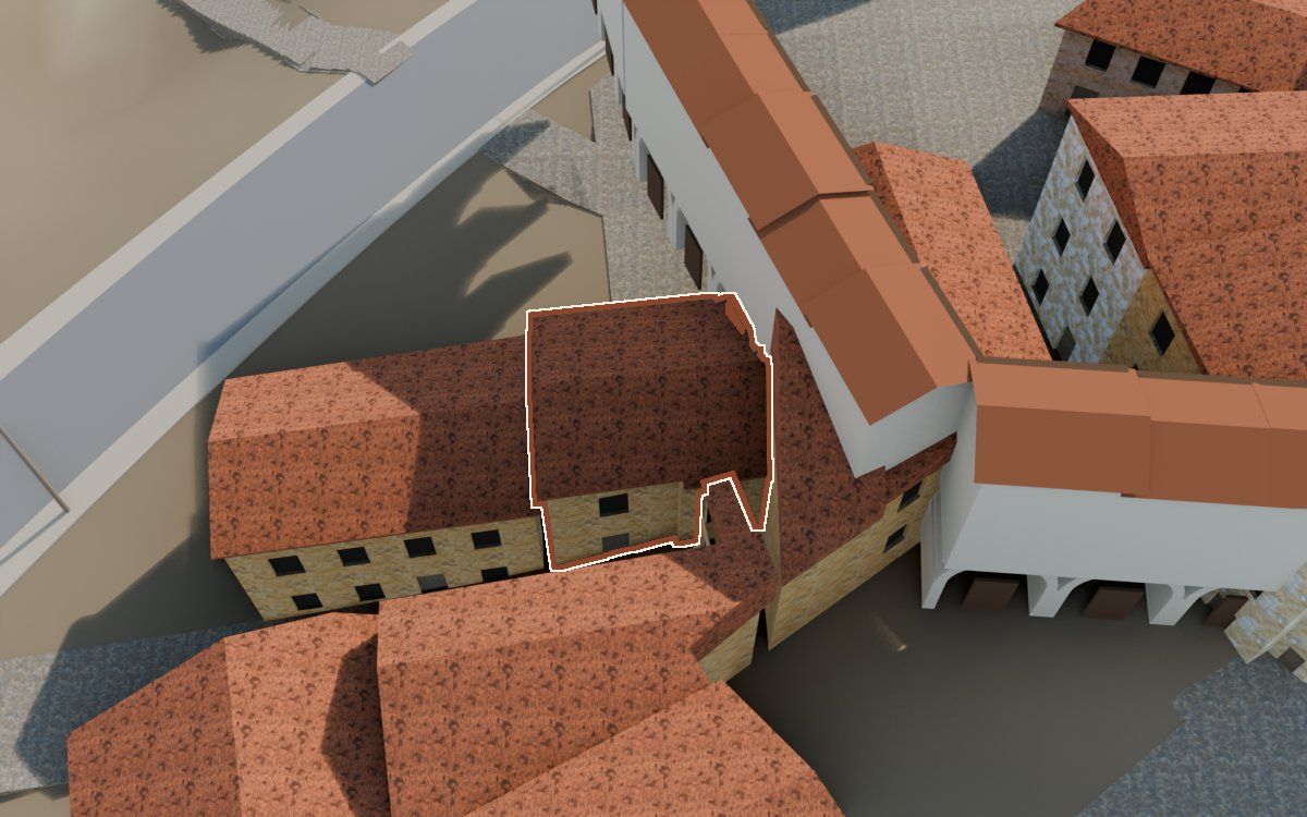 Casa del Carrer Barrinol a la reconstrucció 3D, vista des del costat on millor es veu, amb el contorn marcat de color teula entre les cases del voltant