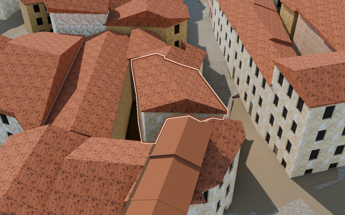 Casa del Carrer Major a la reconstrucció 3D, vista des del seu carrer, amb el contorn marcat de color teula entre les cases del voltant