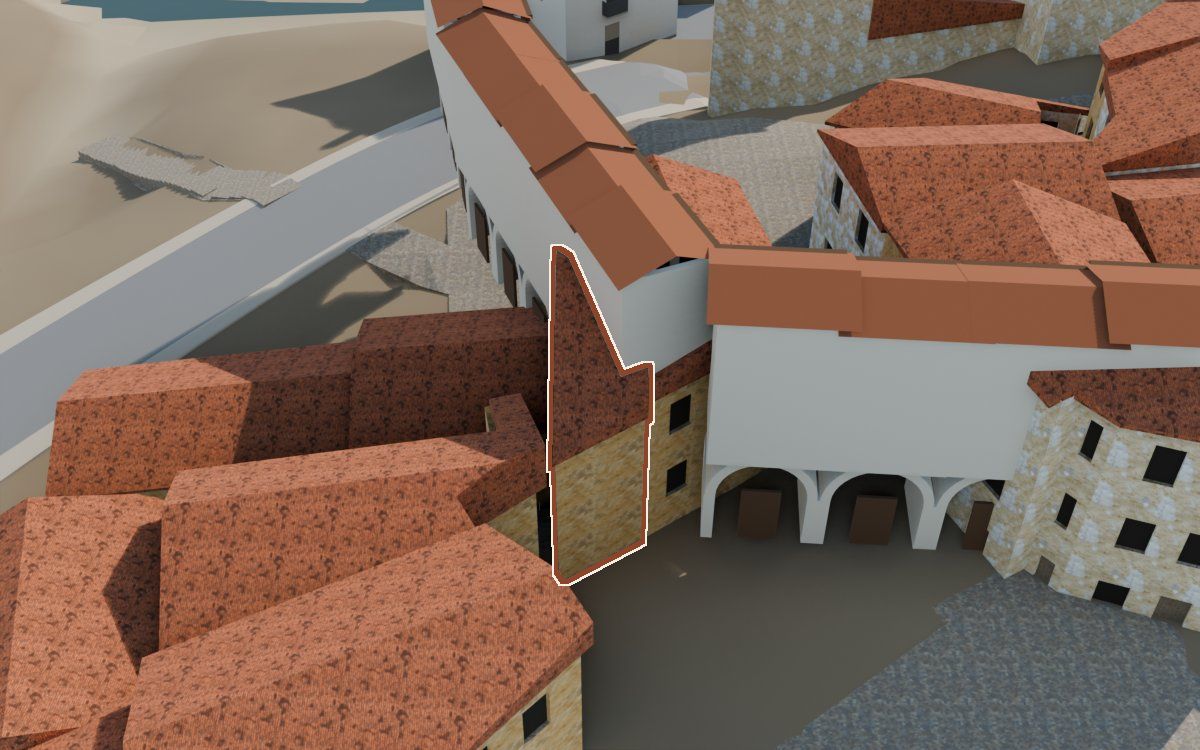 Casa del Carrer Faió a la reconstrucció 3D, vista des del costat on millor es veu, amb el contorn marcat de color teula entre les cases del voltant