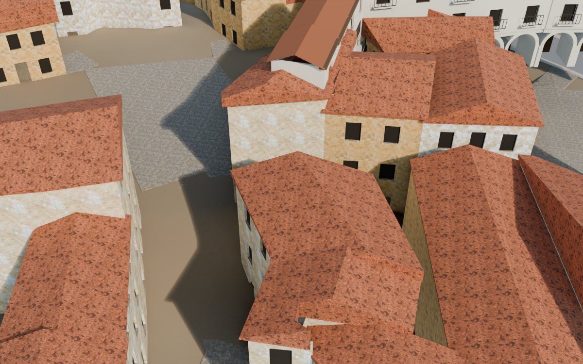 Casa del Carrer Major a la reconstrucció 3D, vista des del seu carrer, amb el contorn marcat de color teula entre les cases del voltant
